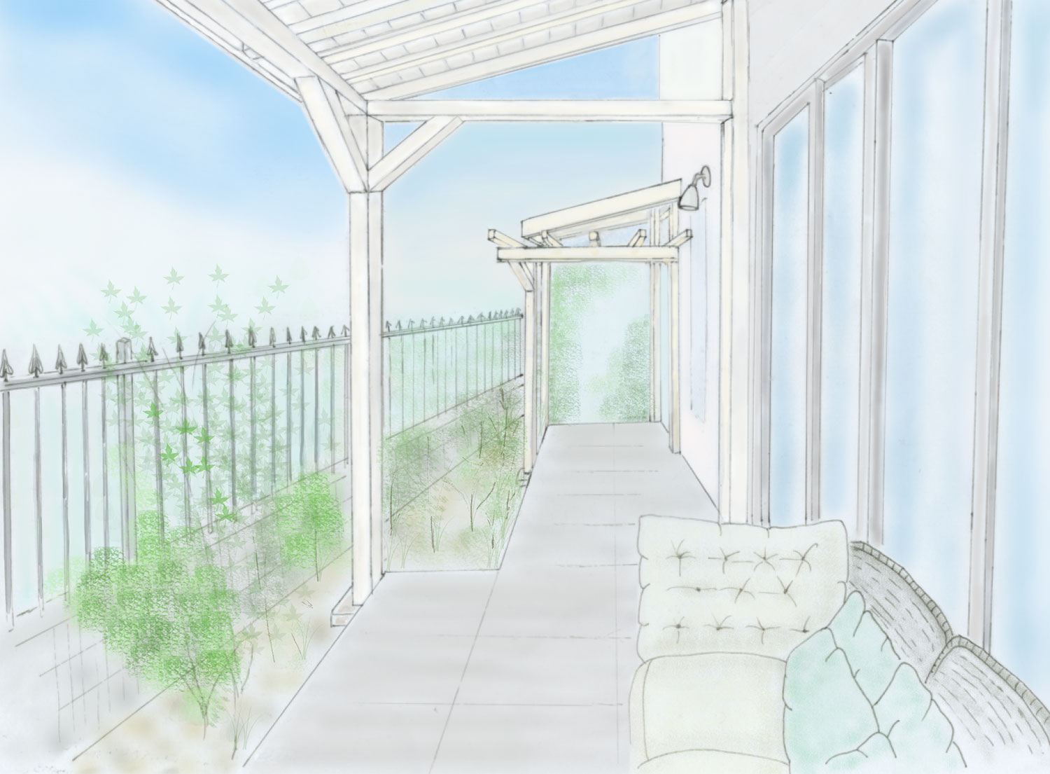 既存のタイルテラスを活かしながら、掃き出しの前に屋根を設置