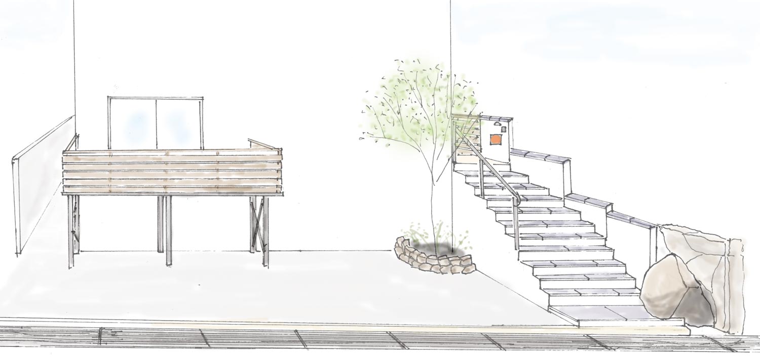 駐車場の上に空中ウッドデッキ