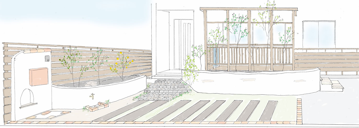 掃き出し窓の外に屋根付きウッドデッキを施工