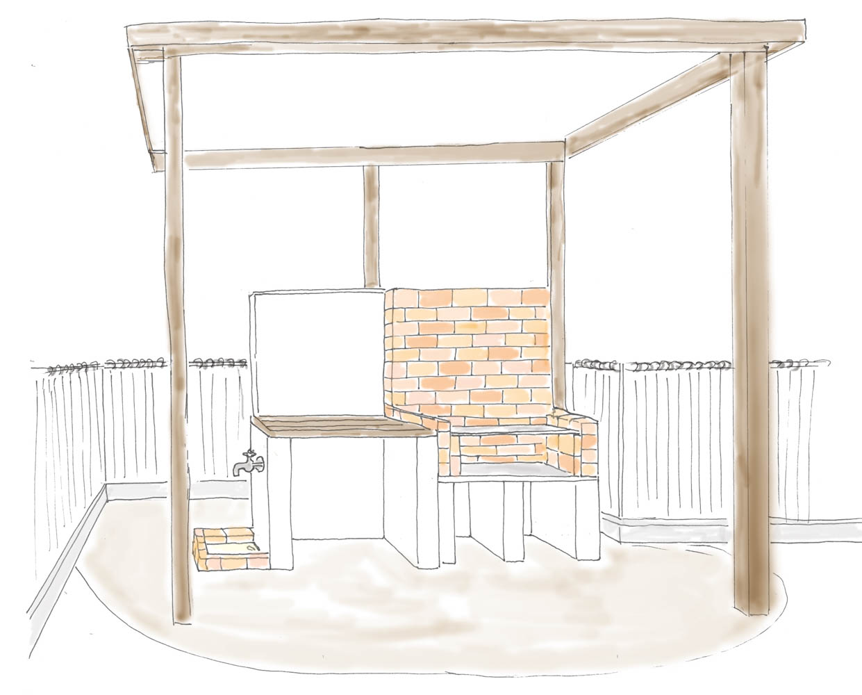 新築の庭の一角にレンガのオーダーメードのバーベーキューコンロを設置