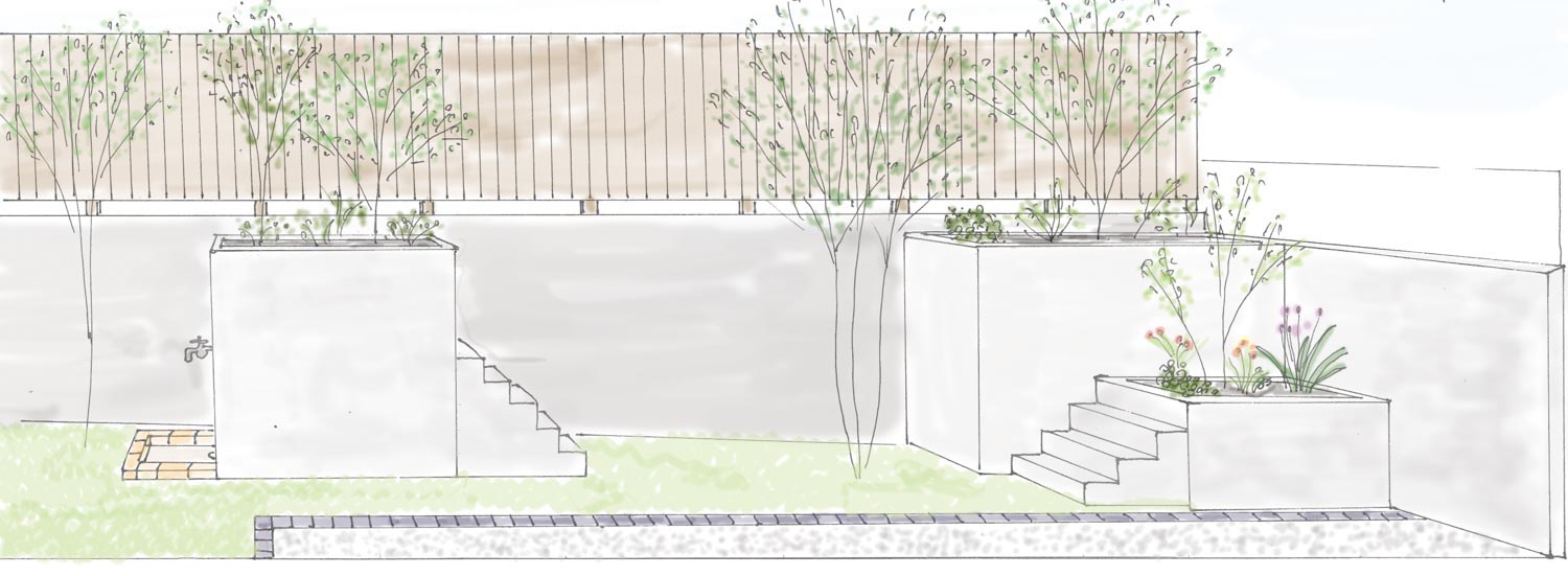 オリジナルアイアンを配したログハウスのモダンガーデン