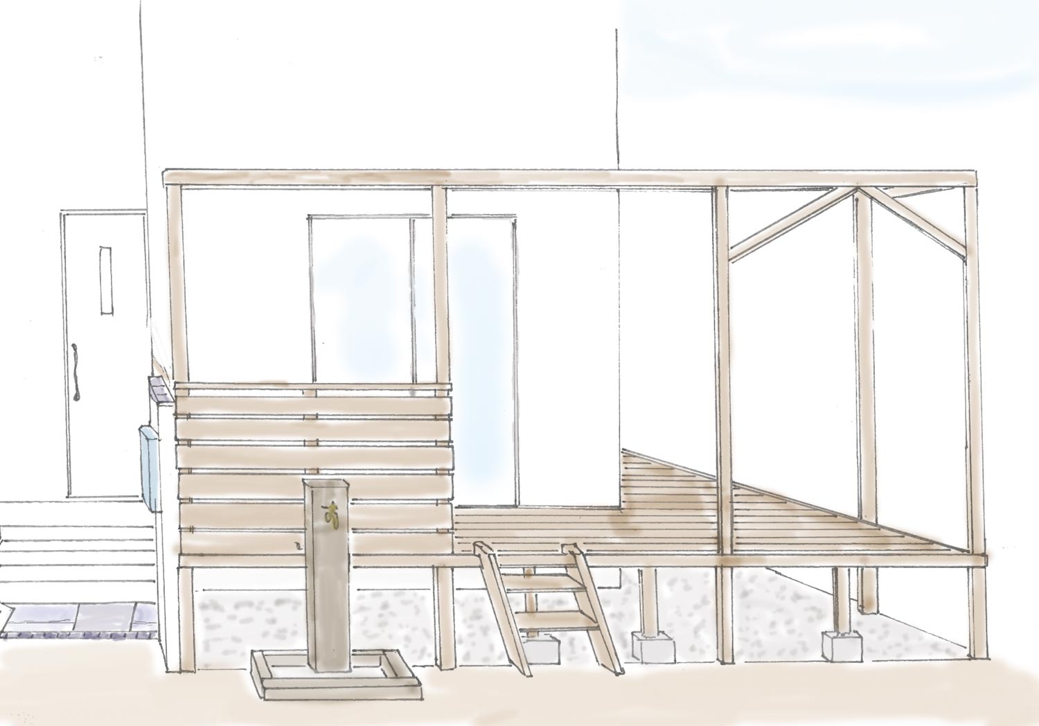 ハンモック吊りのあるウッドデッキ